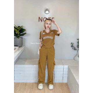 OT ชุดผ้ามูนเวฟ เสื้อแขนสั้นคอกลมเอวจั้ม สกีนลาย Celinie + กางเกงขายาวคาโก้แต่งแถบข้างมีกระเป๋า 4 จุด (สวยมาก ฮิตสุดๆ)