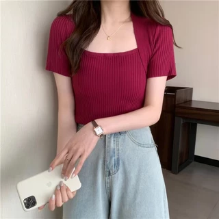 Cicishop(5508-1)เสื้อแขนสั้นไหมพรม ดีเทลคอเหลี่ยมปิดไหล่แต่ง เนิ้อผ้าแน่น ทรงน่ารัก สไตล์เกาหลี