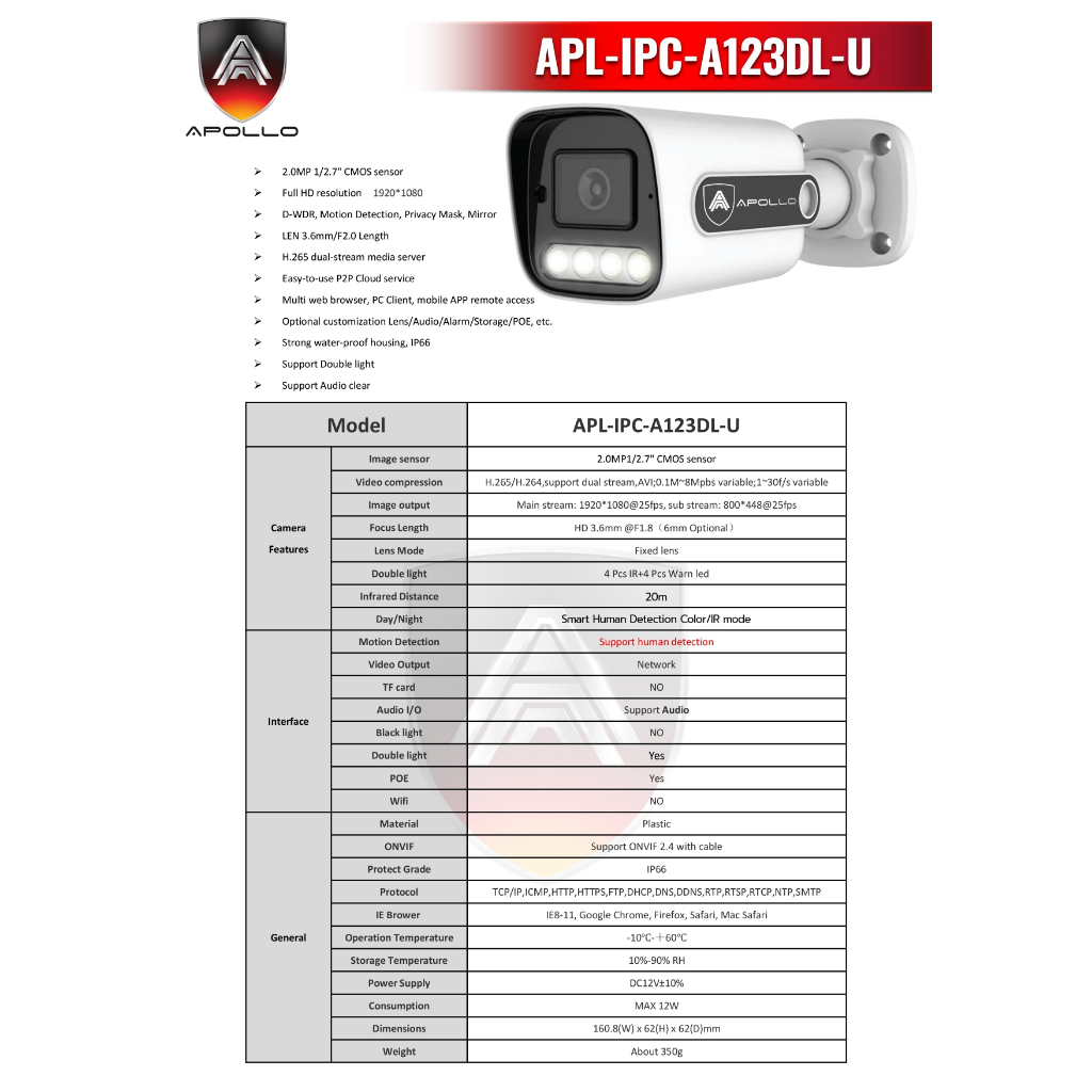 APOLLO APL-IPC-A123DL-U กล้องวงจรปิด CCTV IP Camera 2MP กล้อง POE AI จับการเคลื่อน ภาพสี 24ชม.