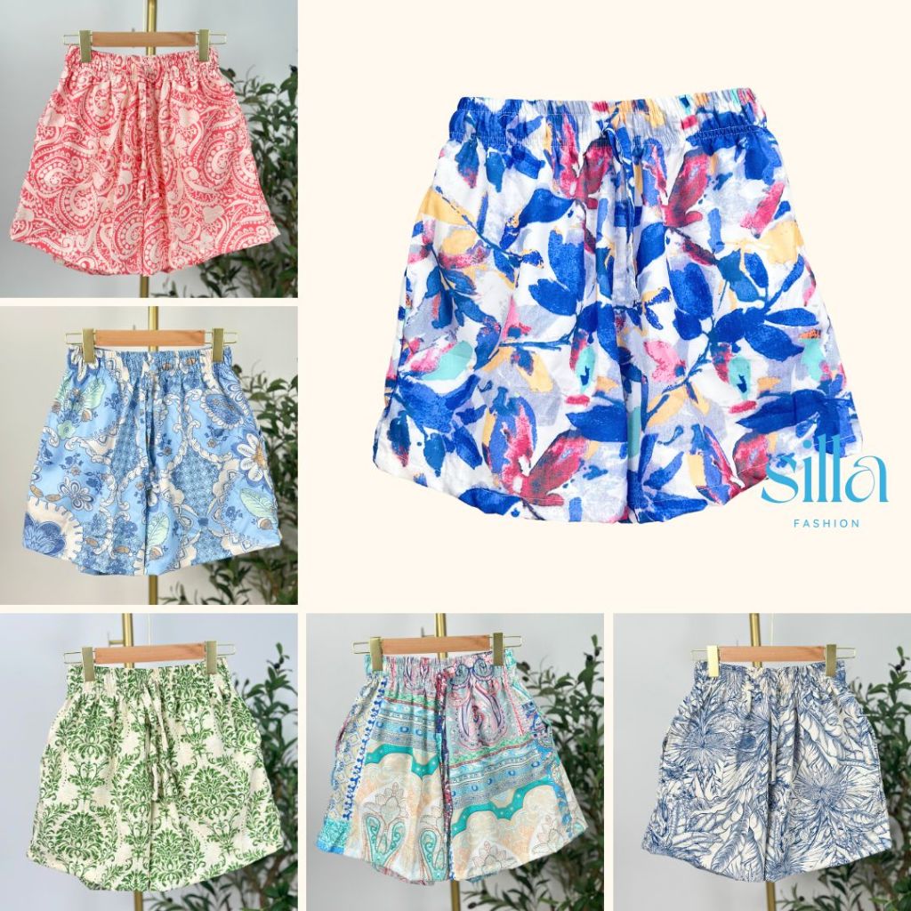Silla กางเกงขาสั้นพิมพ์ลาย เนื้อผ้าไหมอิตาลี ไม่ต้องรัด ผ้าพริ้วนุ่ม ใส่สบาย ลายสวยหรูหราพรีเมี่ยม