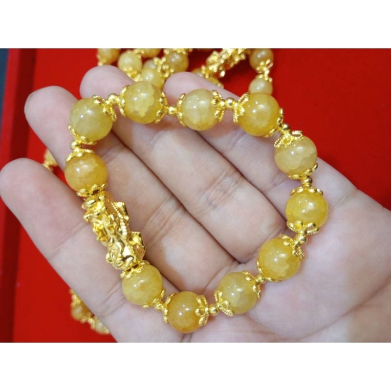 ข้อมือ ปี่เซียะ หินไหมทอง น้ำผึ้ง สวยหรู หุ้มทอง 96.5% ไม่ลอกไม่ดำ คุณภาพฮ่องกง