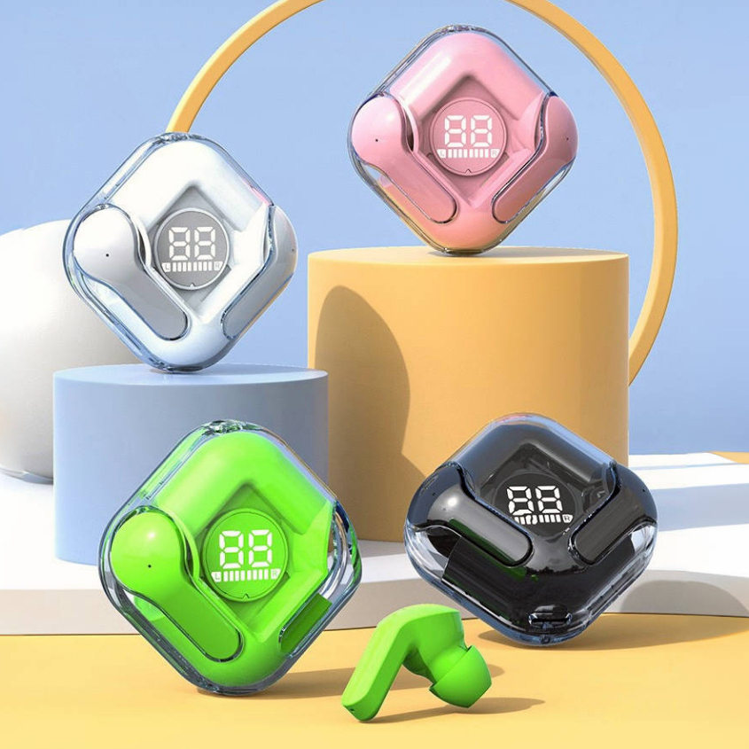 AUKKI หูฟังไร้สาย ชุดหูฟังบลูทูธ ดีไซน์โปร่งใส จอแสดงผลนำ Bluetooth Headset 5.3