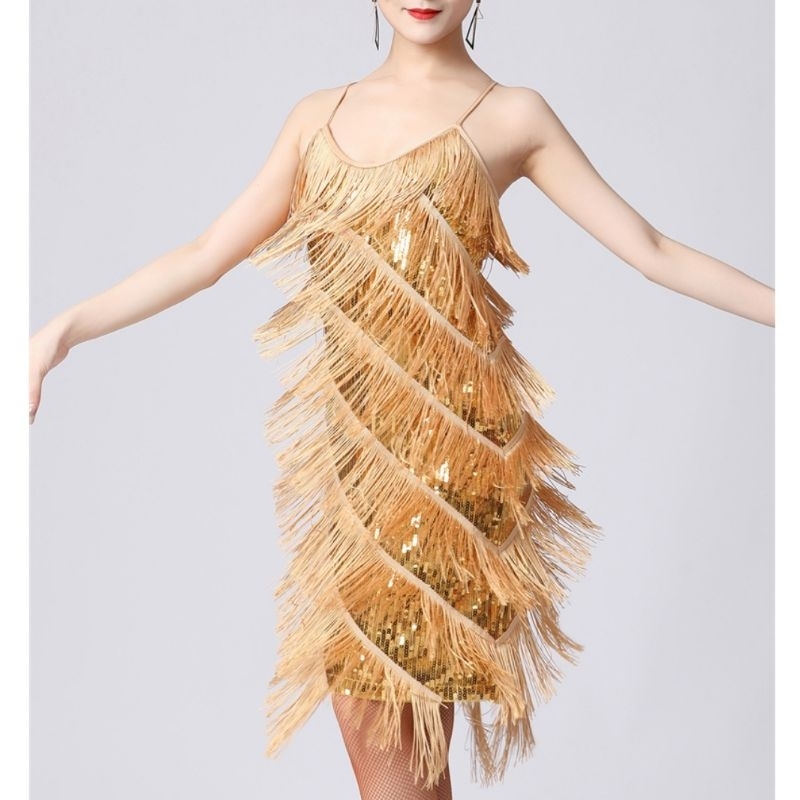 เดรสสายเดี่ยวติดพู่ฟรุ้งฟริ้ง ชุดแกสบี้เต้นลีลาศ (สินค้าในไทย🇨🇷) - รูปที่ 6