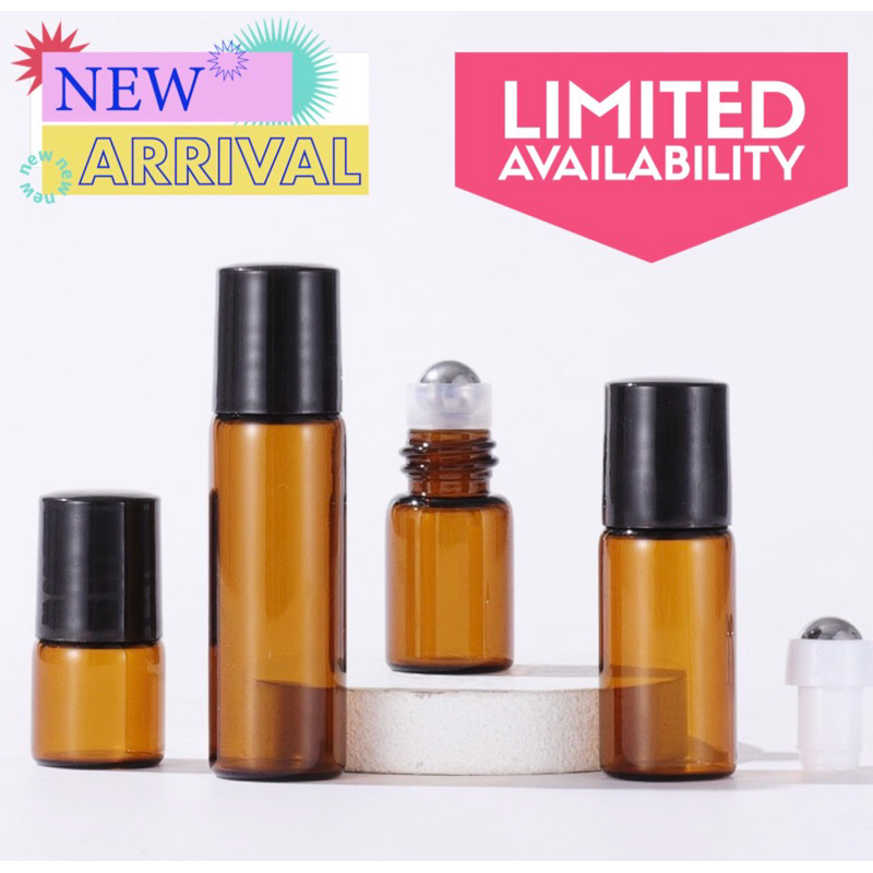 ขวดลูกกลิ้ง ขวดสีใส/ขวดสีชา ฝาขาว ฝาดำ (รุ่นฝาเล็ก) แพ็ค 12 ขวด