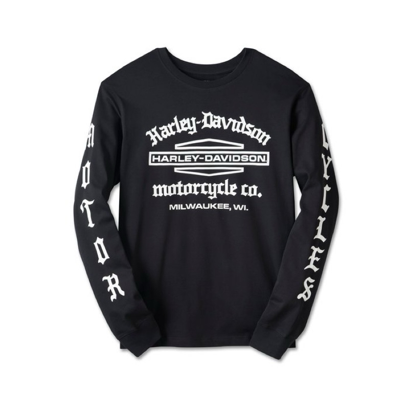 เสื้อยืดแขนยาว Men's Old English Stacked Bar & Shield Tee - Harley Black 96019-25VM