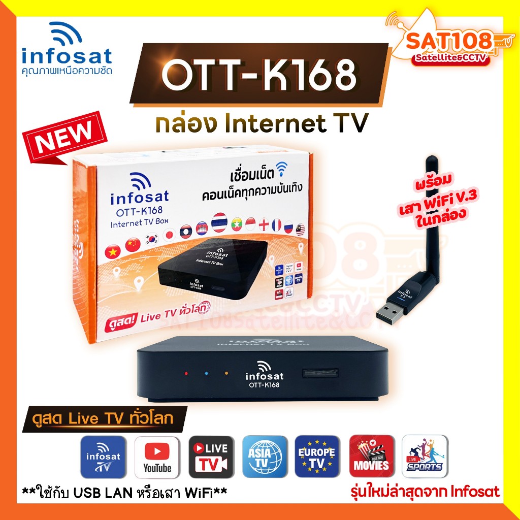 กล่องรับสัญญาณทีวี รุ่น OTT-K168 พร้อมเสา WiFi Antenna V3 กล่องอินเตอร์เน็ตทีวี internet TV
