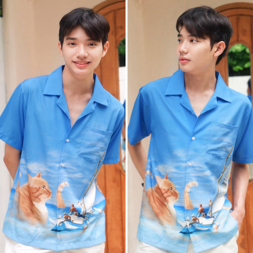 11.WOLF Hawaii Shirt เสื้อเชิ๊ตแขนสั้นต่อลาย Kraken Cat / H179