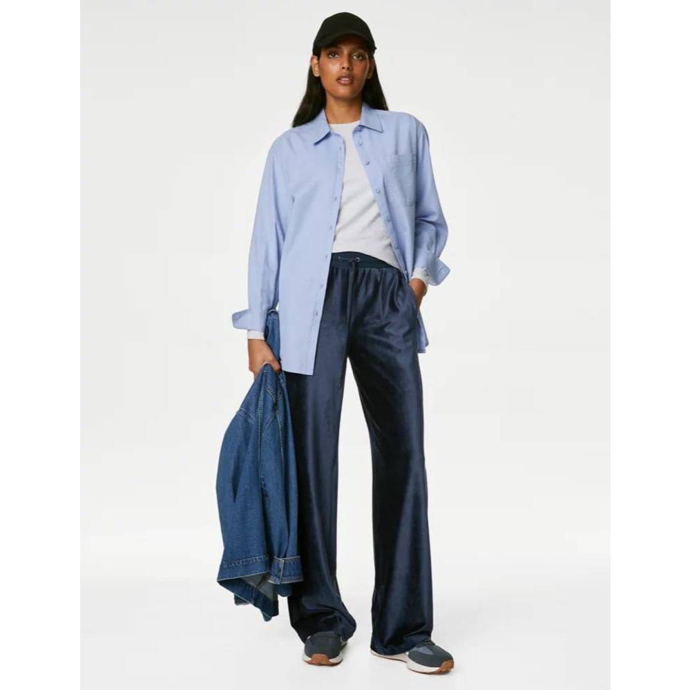 Mark&Spencer Velvet Wide Legb กางเกงขายาว เอวยางยืด มีสายรูดเอว ผ้ากำหยี่เนื้อดี แน่น ยืดหยุ่นได้ สีNavy