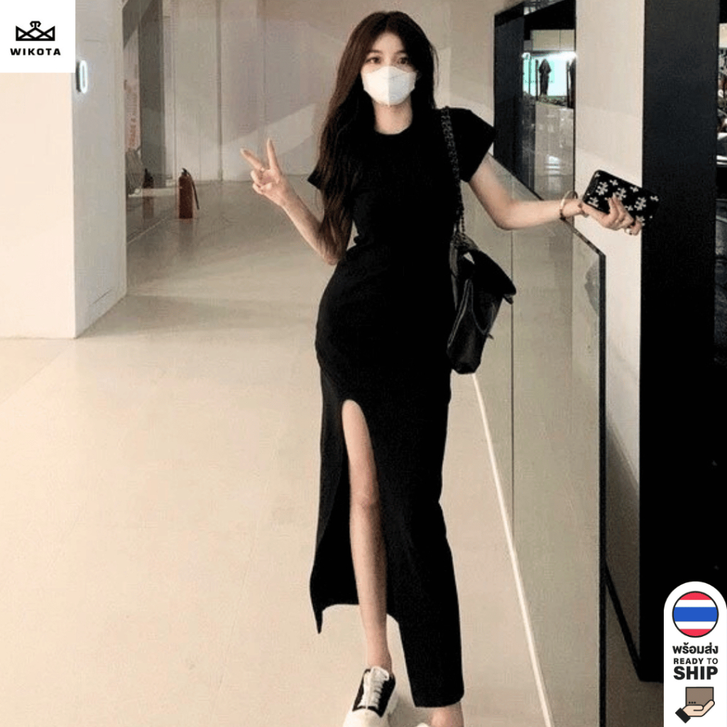 [W0234] เดรสยาว เดรสผู้หญิง ผ่าข้าง คอกลมแขนสั้น ทรงสลิมฟิต ใส่แล้วเข้ารูป ผ้ายืดใส่สบาย สวยเซ็กซี่ สไตล์เกาหลี