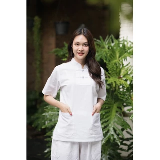 เสื้อพื้นเมืองผ้าฝ้ายสีขาว เสื้อไปวัด เทศกาลกินเจ 7แบบ แขนสั้น/แขนยาว