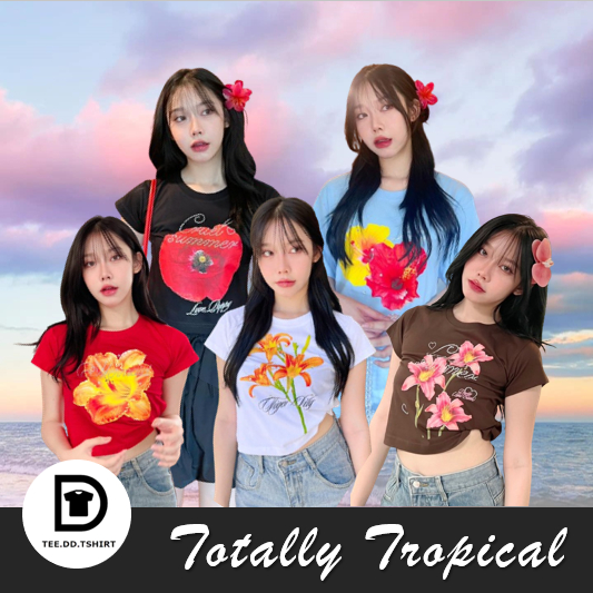 TEE.DD.TSHIRT เสื้อยืดรีดเพชร  Baby Tee และ Oversize ผ้า Cotton 100% ลายดอกไม้ รุ่น Totally Tropical