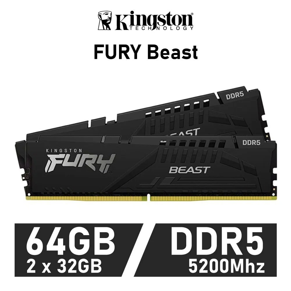 64GB (32GBx2) DDR5 5200MHz RAM (หน่วยความจำ) KINGSTON FURY BEAST DDR5 (KF552C40BBK2-64)