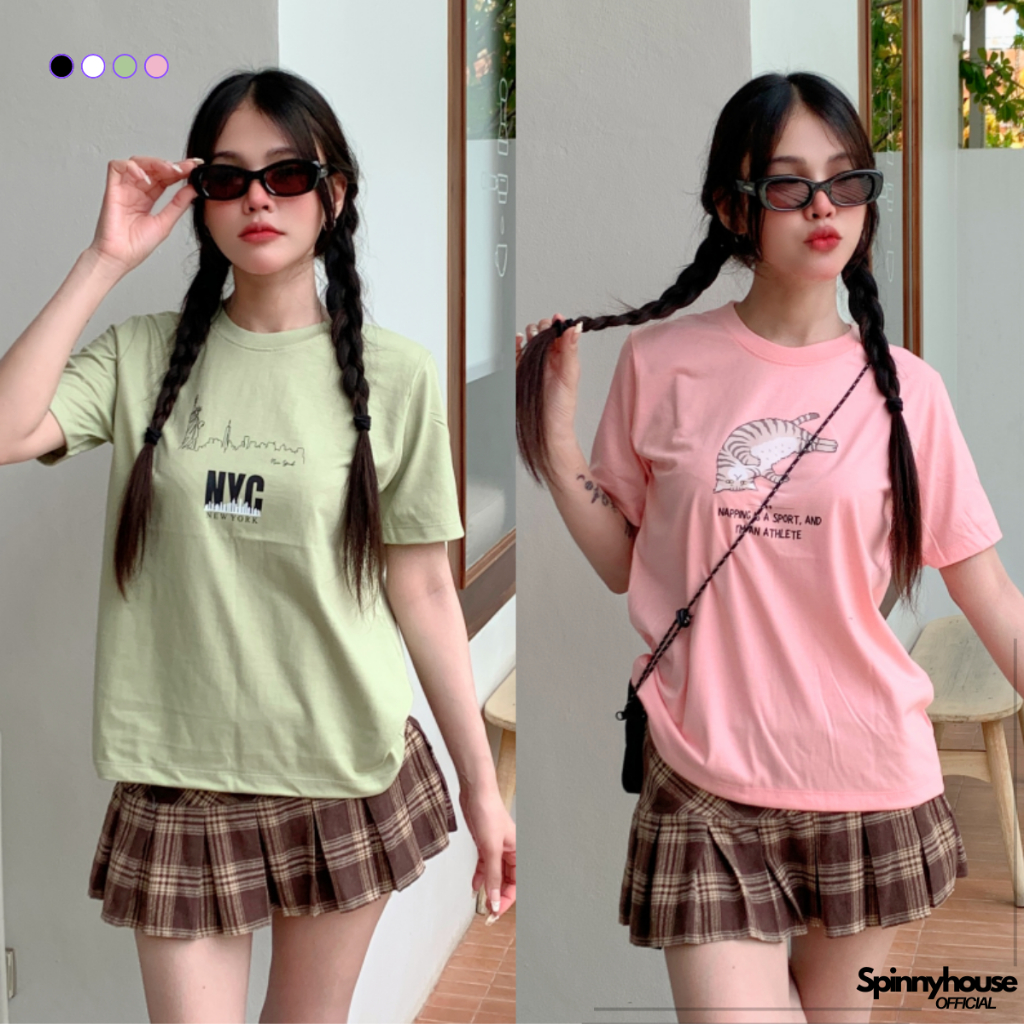 SpinnyHouse เสื้อยืดคอกลมแขนสั้น เบสิคสไตล์ ใส่ได้ทั้งชายหญิง สกรีนลายน่ารัก ยืดหยุ่น ยืดไม่ย้วย รุ่น YuedyunDTF