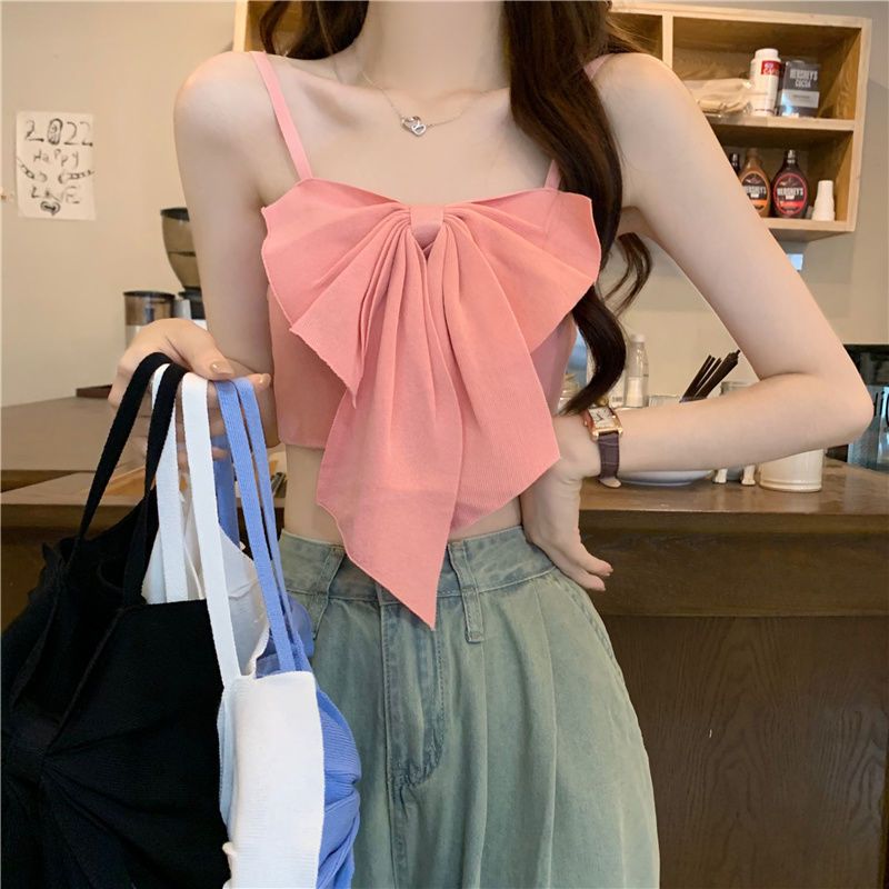 ( 46676 ) เสื้อสายเดี่ยว ผ้าไหมพรม ดีเทลแต่งโบว์ใหญ่ตรงอก น่ารักสุดๆ เสื้อผ้าแฟชั่นสไตล์เกาหลี
