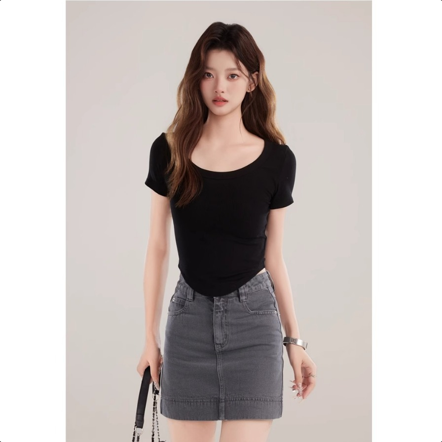 เสื้อยืดผู้หญิง เสื้อยืดคอยู สีทึบ เซ็กซี่ แขนสั้น ผิดปกติ ท็อปส์ซูผ้าฝ้าย แสดงผอม เสื้อยืดสาวอวบ เสื้อโอเวอร์ไซส์ M-4XL - รูปที่ 5