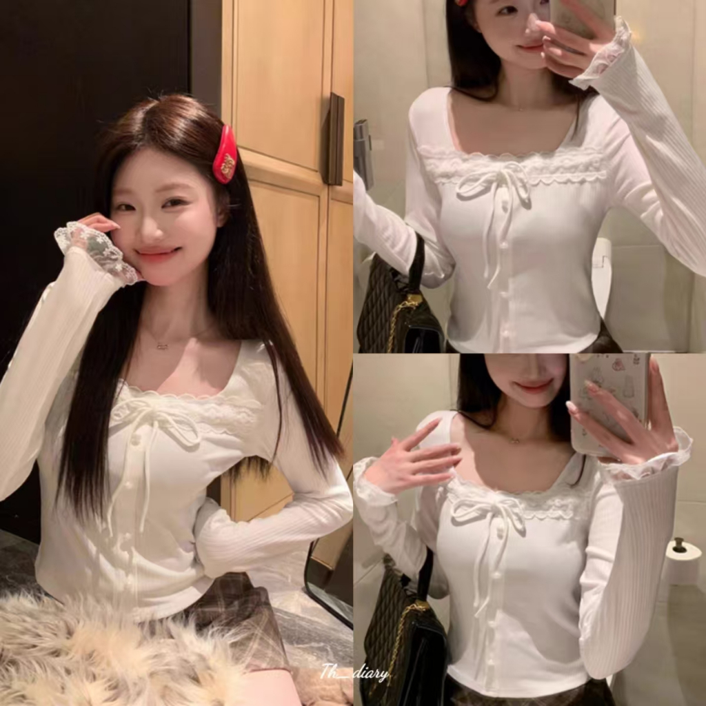 (พร้อมที่จะจัดส่งในกรุงเทพ) ฤดูใบไม้ร่วงรูปแบบใหม่ สายรัดผีเสื้อ ลูกไม้ เสื้อเชิ้ตแขนยาวผู้หญิง-RR090