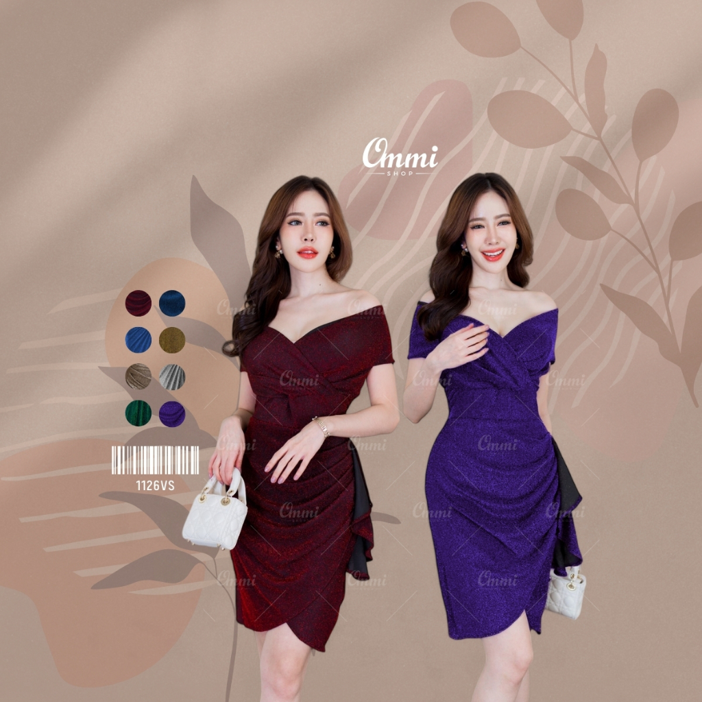 Ommishop ชุดราตรีสั้น 1126VS กระโปรงกลีบบัว ผ้าวิ้งเพชร เดรสสั้น เดรสออกงาน ชุดงานแต่ง เพื่อนเจ้าสาว
