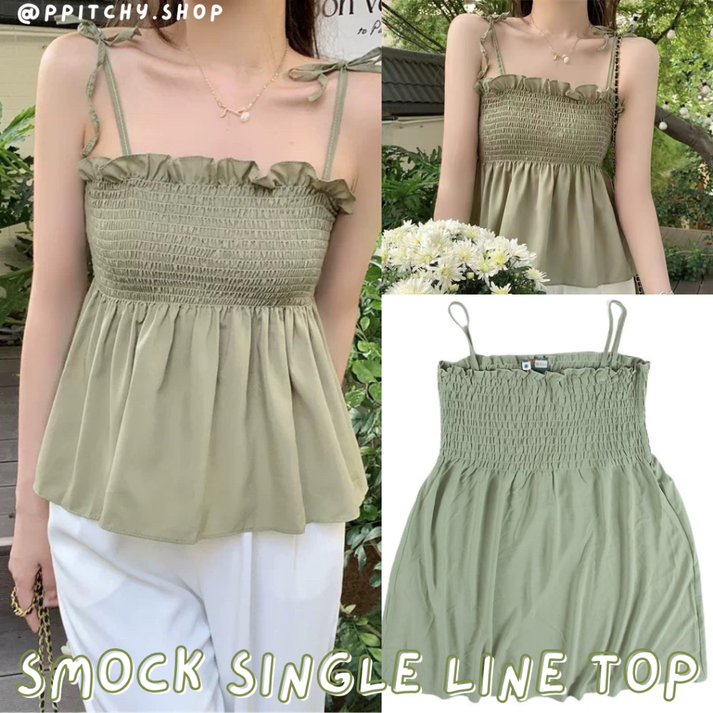 ppitchy.shop 💚 Smock Single Line - เสื้อสายเดี่ยวระบายสีเขียว