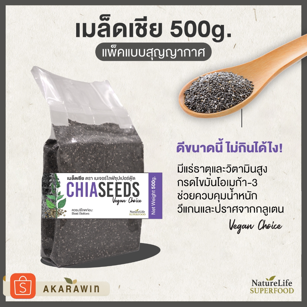 Chia Seeds เมล็ดเจีย น้ำหนักสุทธิ 500 กรัม (NatureLife Superfood)