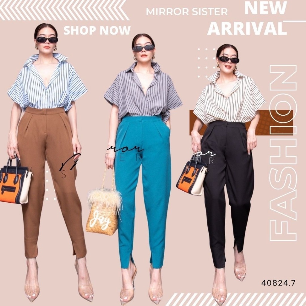 Mirrorsister 40824.7 กางเกงทรงฮาเร็ม ช่วงปลายขาลู่ดูขาเล็กลง ผ่าแหวกปลายขาด้านข้างให้สวมขึ้นได้ง่าย มีกระเป๋าล้วงได้