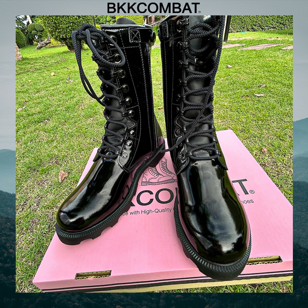 คอมแบท รหัส BKP01 ซิป พื้นโรเสิร์ท หนังขัดมัน(พรีเมี่ยม) หนังวัวแท้ สูง10นิ้ว