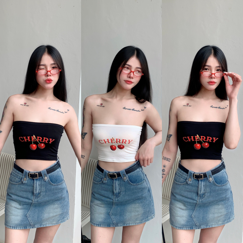 พร้อมส่ง เสื้อครอปเกาะอก สกรีนลายเชอร์รี่ เกาะอก 🍒 ผ้ายืดยูนิ ยืดเยอะ สกรีนแน่น รุ่น เกาะอกสกรีนCHERRY