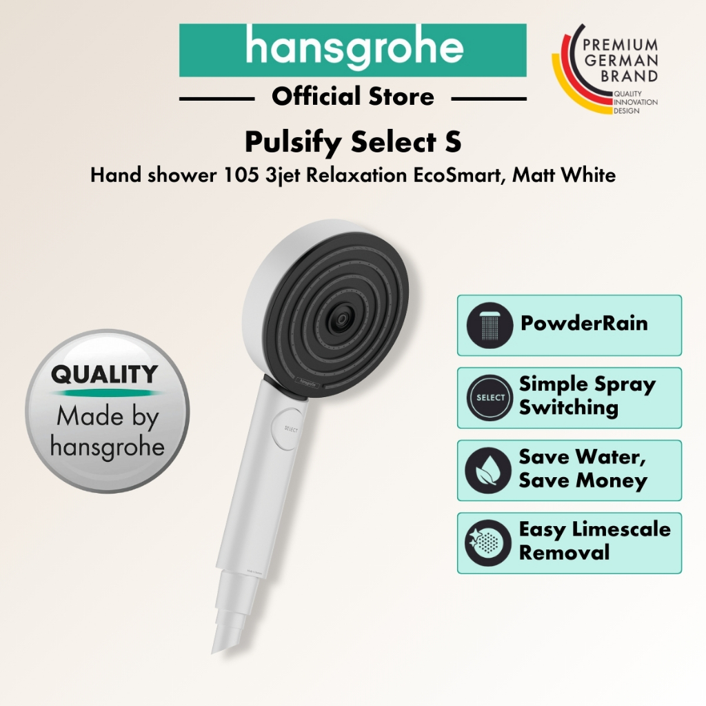 hansgrohe Pulsify S ฝักบัวมือ 105 มม. 3 โหมดน้ำ สี Matt White รุ่น Relaxation พร้อมฟังก์ชัน EcoSmart รุ่น HG24111700