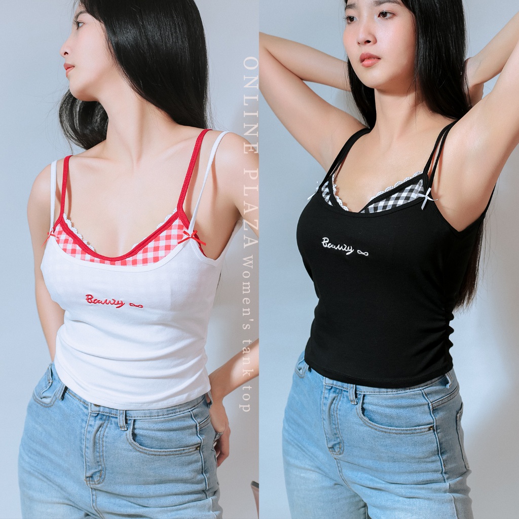 Molly เสื้อสายเดี่ยว ดีเทลตาราง น่ารักสไตล์เวียดนาม มีบราในตัว พร้อมส่งในไทย Tank top/ freesize