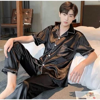 ชุดนอนผ้าซาตินผู้ชาย ชุดนอนแฟชั่นสไตล์เกาหลี ผ้าซาติน เสื้อแขนสั้น+กางเกงขายาว สีสวยสด ลื่น สบาย ผ้าดี S8