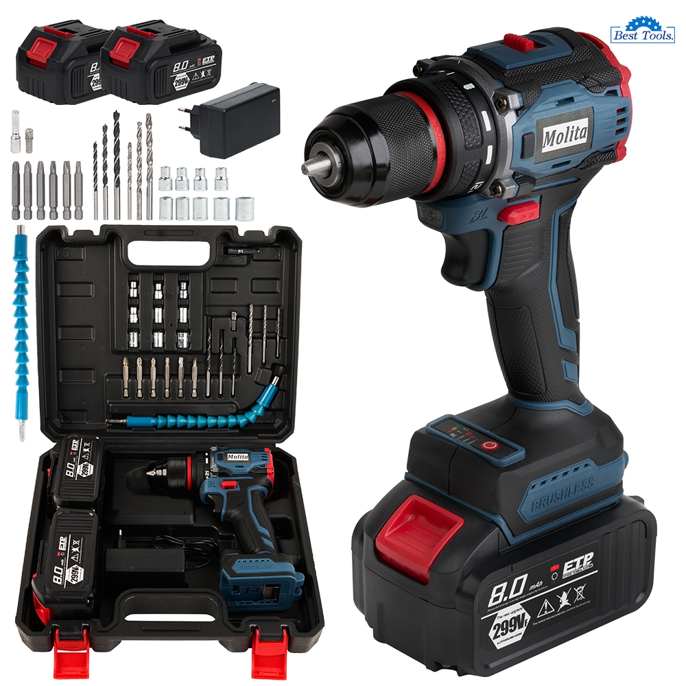 MOLITA สว่านไร้สาย 299V 2 ระบบ มอเตอร์บัสเลส แบตเตอรี่ 2 ก้อน เครื่องมือช่าง รวม 32ชิ้น รุ่น M2-มอเตอร์บัสเลส สีน้ำเงิน