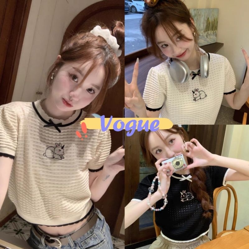 Vogue พร้อมส่ง เสื้อไหมพรมครอป แขนสั้น คอกลม ลายกระต่าย (YX10)