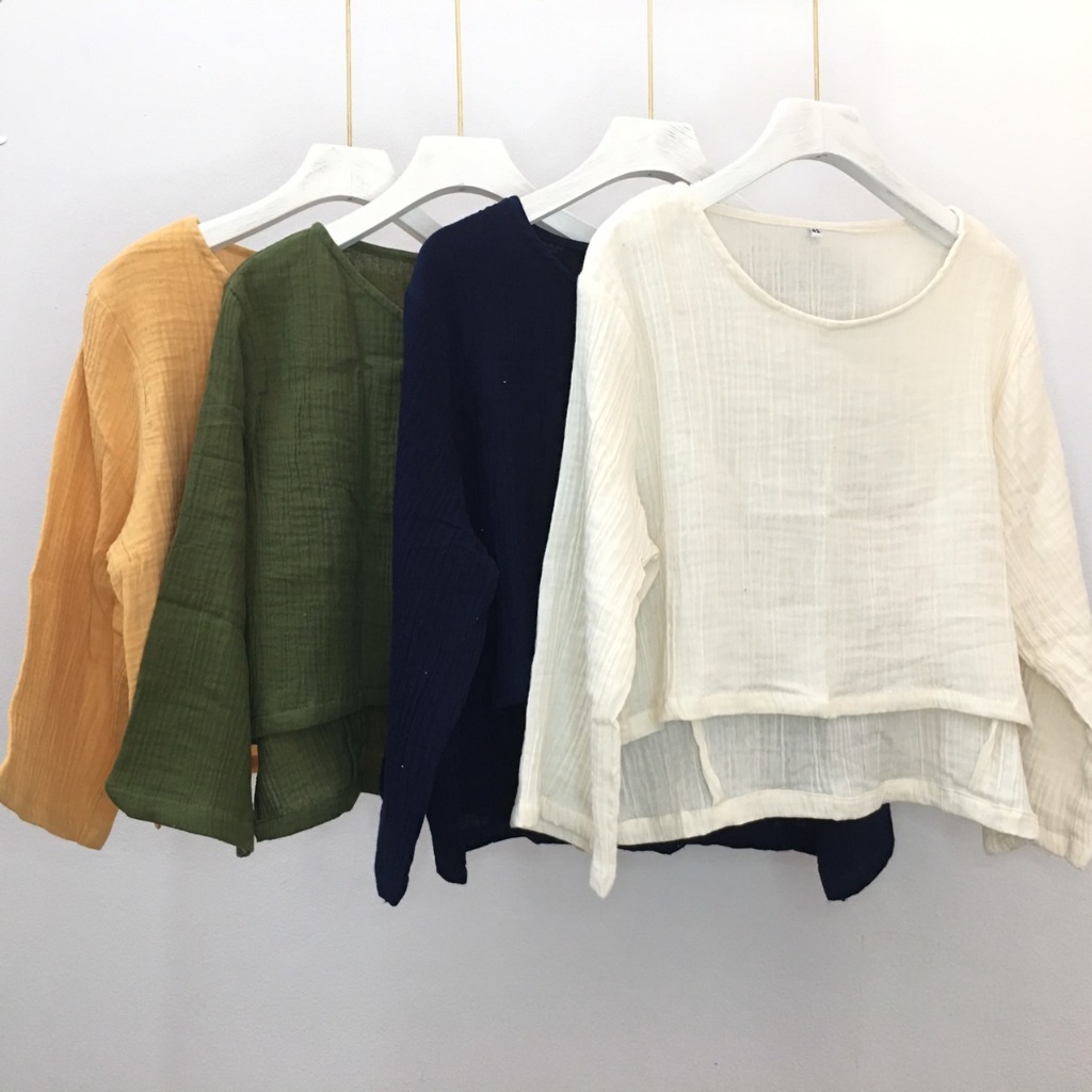 เสื้อผ้าสาลู เสื้อครอปแขนสี่ส่วน ผ้าฝ้ายสาลูสองชั้นอัดย่น เสื้อครอปด้านหน้าสั้นด้านหลังยาว ใส่สบาย