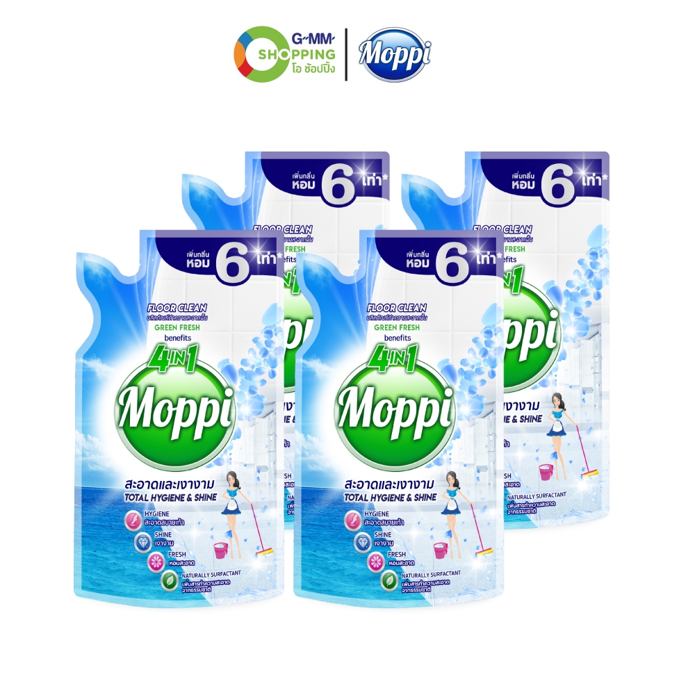 MOPPI มอปปี้ ผลิตภัณฑ์ทาความสะอาดพื้น กลิ่นกรีนเฟรช สีฟ้า ขนาด 600 มล. (4 ถุง) #130137