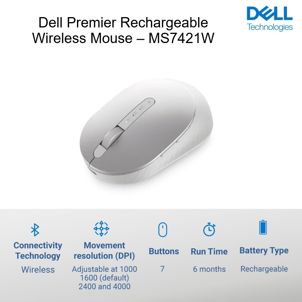 Dell Premier Rechargeable Wireless Mouse  Platinum Silver – MS7421W รับประกัน 3 ปี, ออกใบกำกับภาษีได