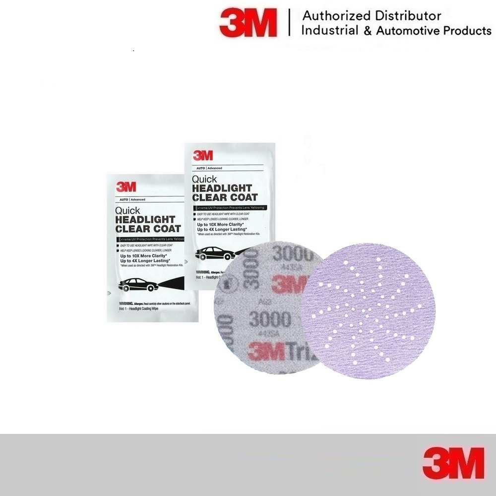 3M ชุดขัดเคลือบ ไฟหน้า และแผ่นเช็ดเลนส์ใส Headlight Clear Coat (กระดาษทรายเบอร์ 3000 800 แผ่นเช็ดเลนส์x2 แผ่น)