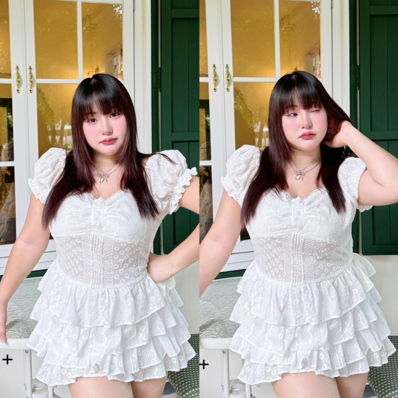 มินิเดรสสีขาวแขนตุ๊กตา ลายฉลุดอกไม้ มีซิปด้านหลัง ช่วงกระโปรงชั้นๆมีซับใน น่ารักสุดๆ เดรสสาวอวบ plussize
