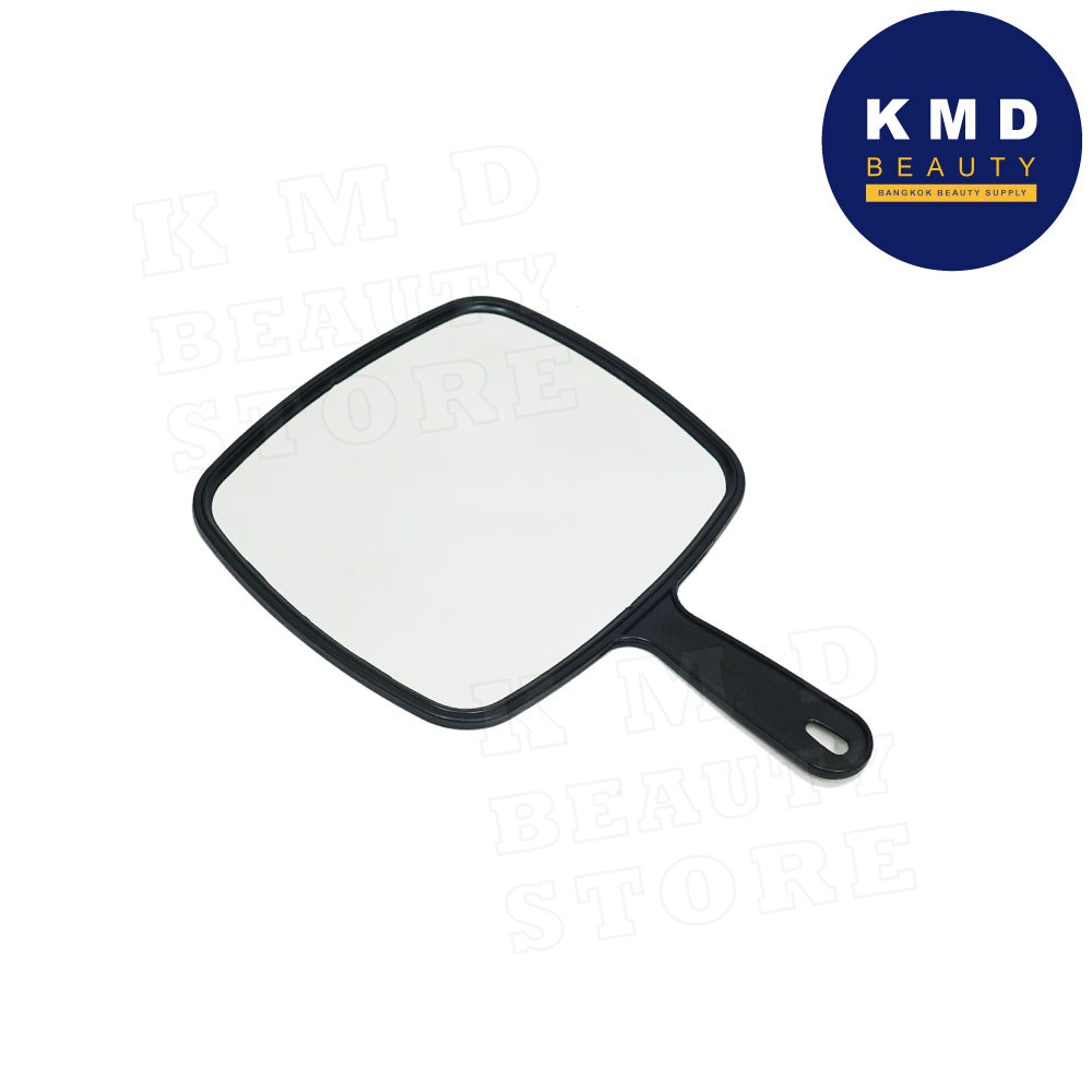 กระจกส่องทรงผม แต่งหน้า ทำผม แบบมีด้ามจับ กว้าง 22 ซม สีดำ มีรูสำหรับแขวนเก็บ บานใหญ่ น้ำหนักเบา