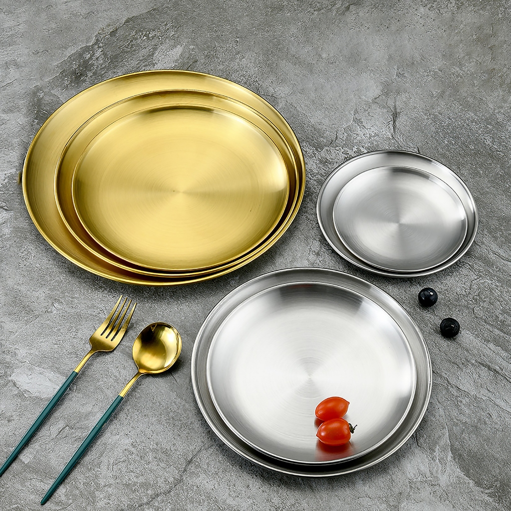 จานสไตล์เกาหลี จานสแตนเลสหนา ขนาด 14cm17cm20cm สีทองและสีเงิน จานทรงแบน ก้นตื้น - รูปที่ 5