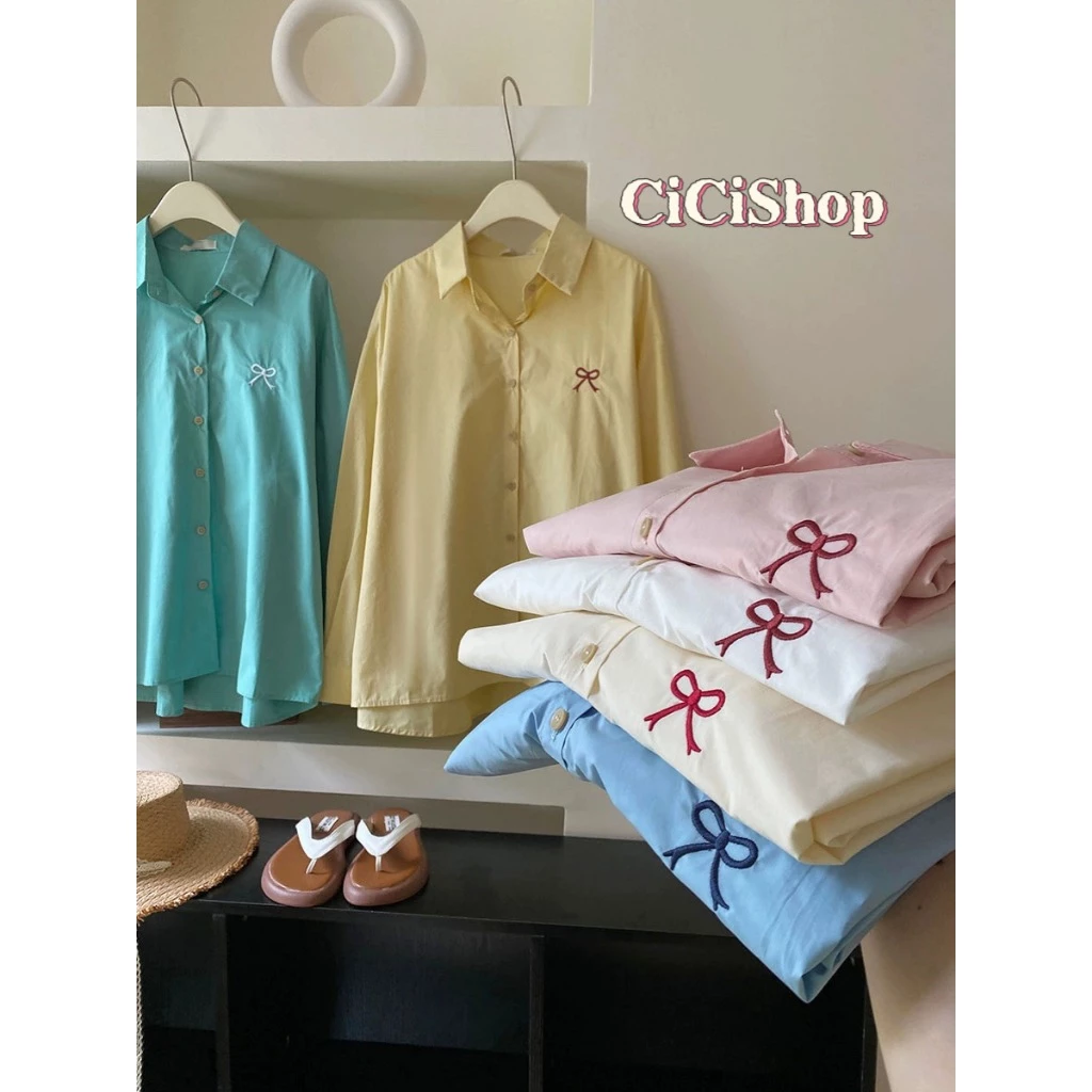 Cicishop(3321)เสื้อเชิ้ตOversizeแต่งลายโบว์ สีพาสเทลน่ารักคิคุอาโนเน๊ะ