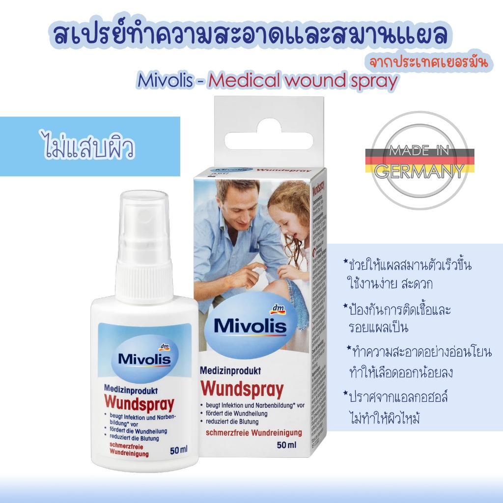 สเปรย์ทำความสะอาดและสมานแผล ป้องกันการติดเชื้อและรอยแผลเป็น ไม่มีแอลกอฮอล์ EXP.2028 Mivolis Wound spray