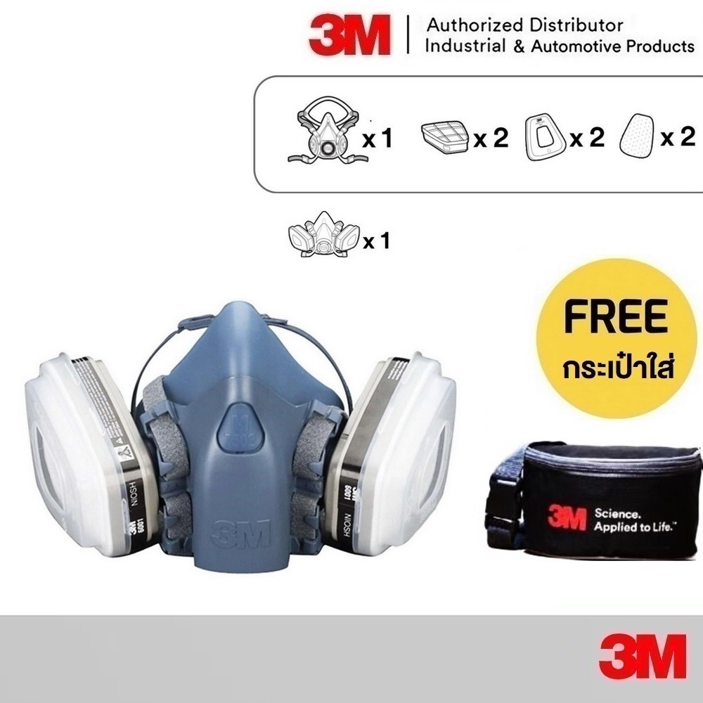 3M 7501/7502/7503 S-M-L  หน้ากากซิลิโคนครึ่งหน้า ชนิดกรองคู่, ตลับกรอง,  แผ่นกรองฝุ่น, ฝาครอบ แถม กระเป๋า
