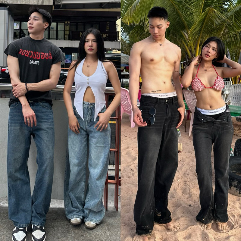 สินค้าขายดี Baggy Jeans (มี 2 สี)กางเกงยีนส์ทรงกระบอกใหญ่ เอวสูง