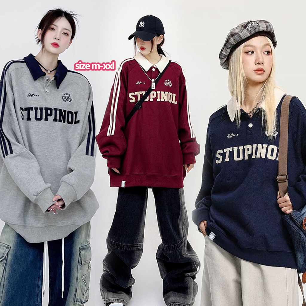 mimi&didi#เสื้อสเวตเตอร์แขนยาวผู้หญิง เสื้อสเวตเตอร์โอเวอร์ไซส์ ปักลายเกาหลี#2648