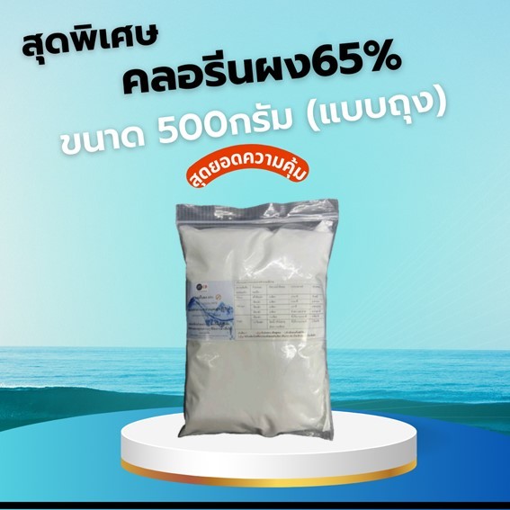 คลอรีน65% ใช้สำหรับฆ่าเชื้อโรคในน้ำ ให้น้ำสะอาด (ขนาด 500กรัม แบบถุง) ฉลากมีบอกปริมาณการใช้ **แถมช้อนทุกออเดอร์**