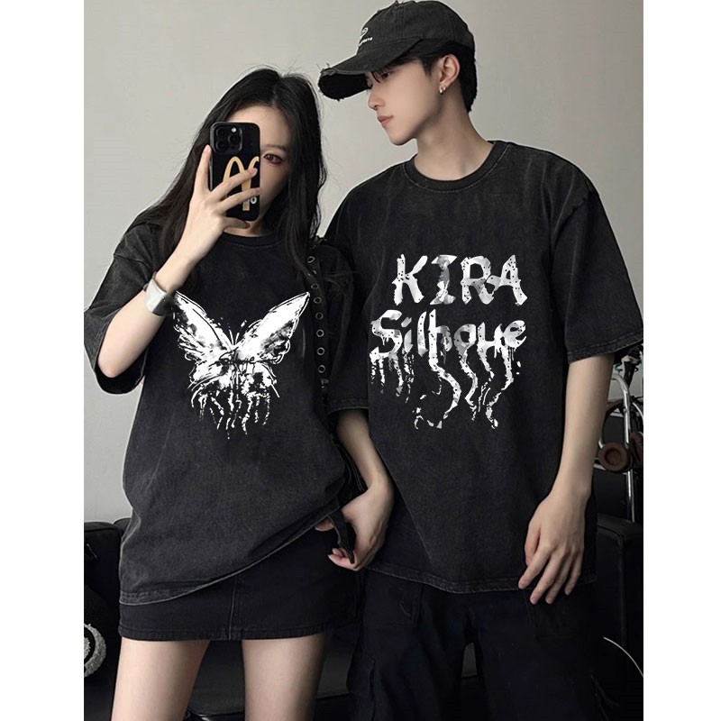 เสื้อยืดฟอกเฟดเทาชายและหญิง วินเทจ ผ้าฝ้าย100% oversize เสื้อผ้าสาวอวบ เสื้อคู่กับแฟนโอเวอร์ไซส์ผู้หญิง สไตล์ฮิปฮอป 3XL