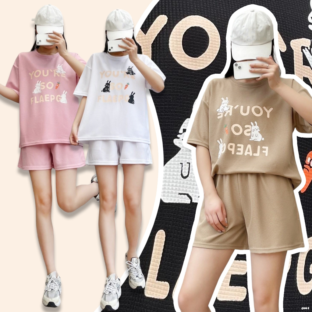 4661# ชุดเซ็ท ผู้หญิง เสื้อคอกลม แขนสั้น สกรีนลายตัวอักษร กางเกงขาสั้น ทรงขาบาน ผ้าวาฟเฟิล