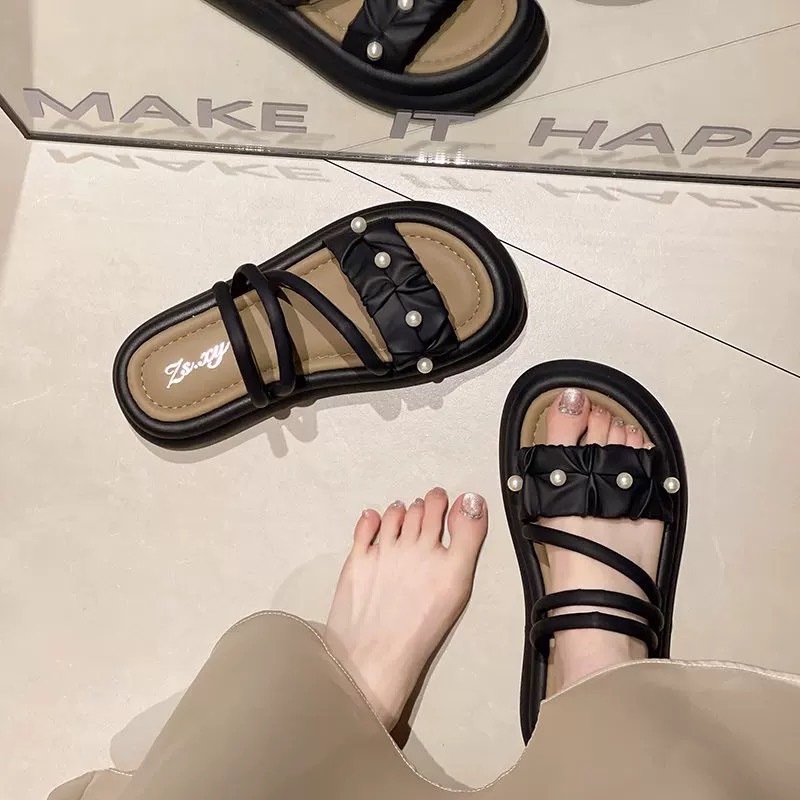 home..fashion รองเท้าแตะส้นแบนแบบสบายๆ ประดับไข่มุก มินิมอล สไตล์เกาหลี แฟชั่นฤดูร้อน S-160