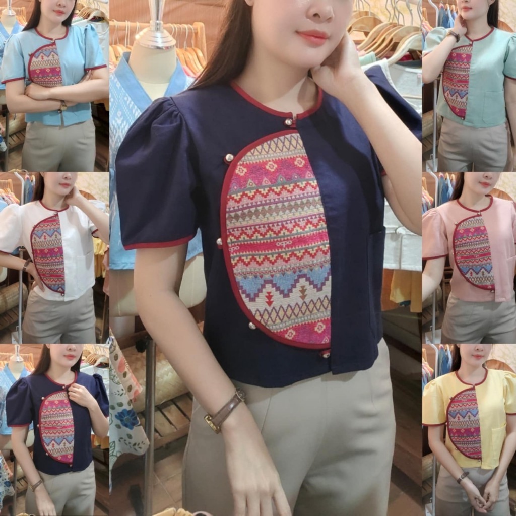 เสื้อผ้าฝ้ายคอกลมป้าย แต่งผ้าทอลาย กุ้นขอบ
