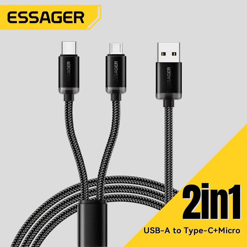 Essager สายชาร์จ USB to Type-C+Micro 2-in-1 จาก 2A พร้อมสายชาร์จ Micro Type-C แบบถักที่ชาร์จเร็ว