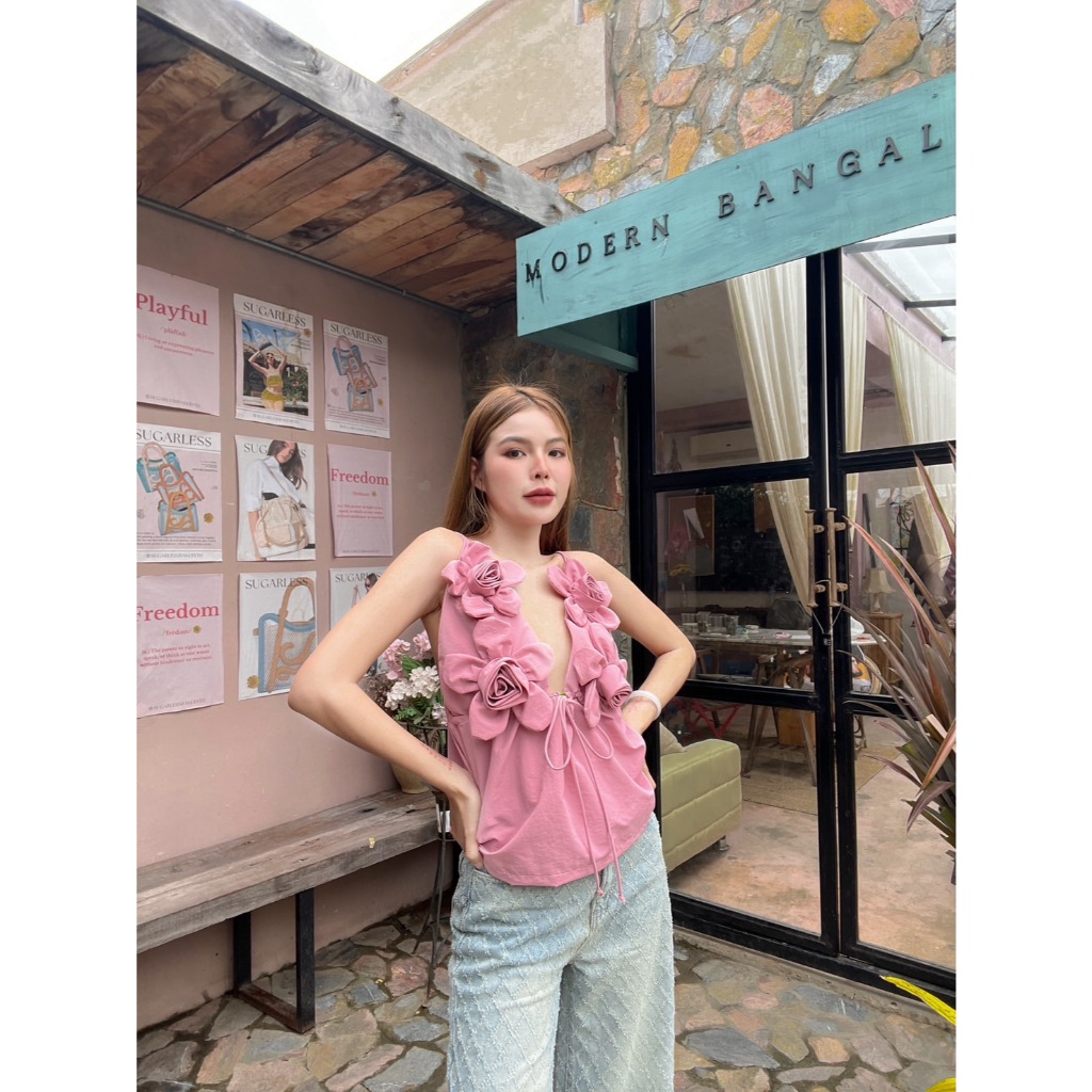 P42 สายเดี่ยวแต้งดอกไม้สีชมพูผ้าคอตตอนไนลอน Pitcha-พิชชา